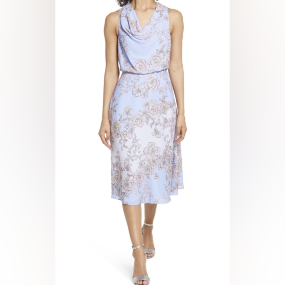 Vince Camuto Floral Crepe Tie-Neck Midi Cocktail Dress